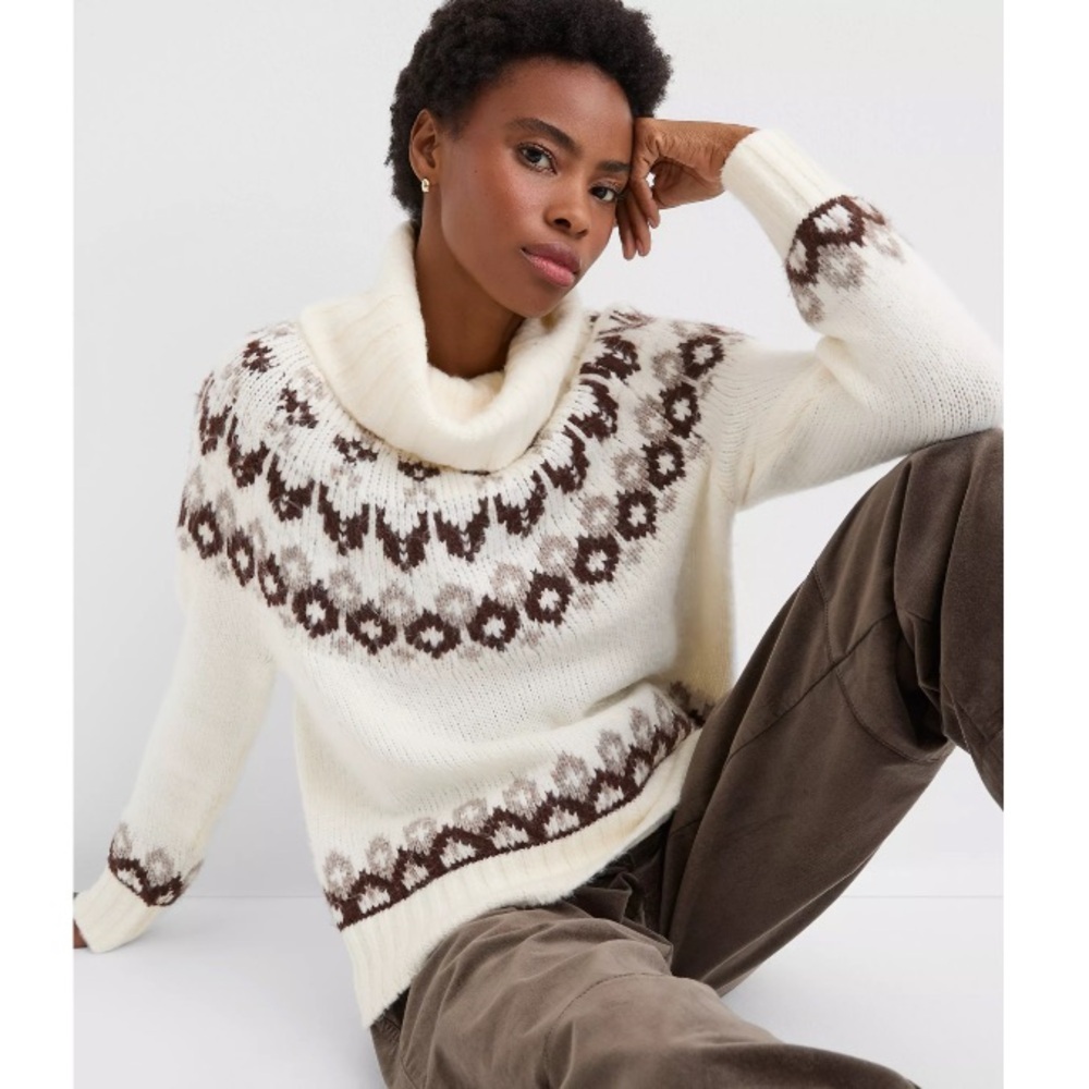 Ann Taylor LOFT Fair Isle Cowl Neck Relaxed Pullover Knit Sweater Cream XS Pet